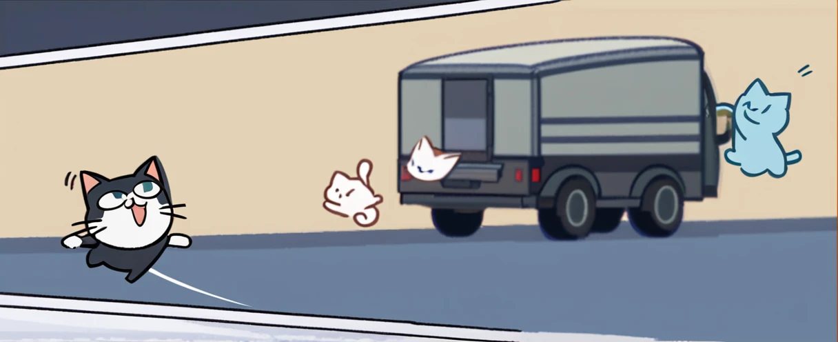 cartoon of a truck with a cat in the back and a cat in the back, animation still screencap, a cat,  videogame still, animated still, drawn with photoshop, ninja cat, running cat, cat jumping to the truck