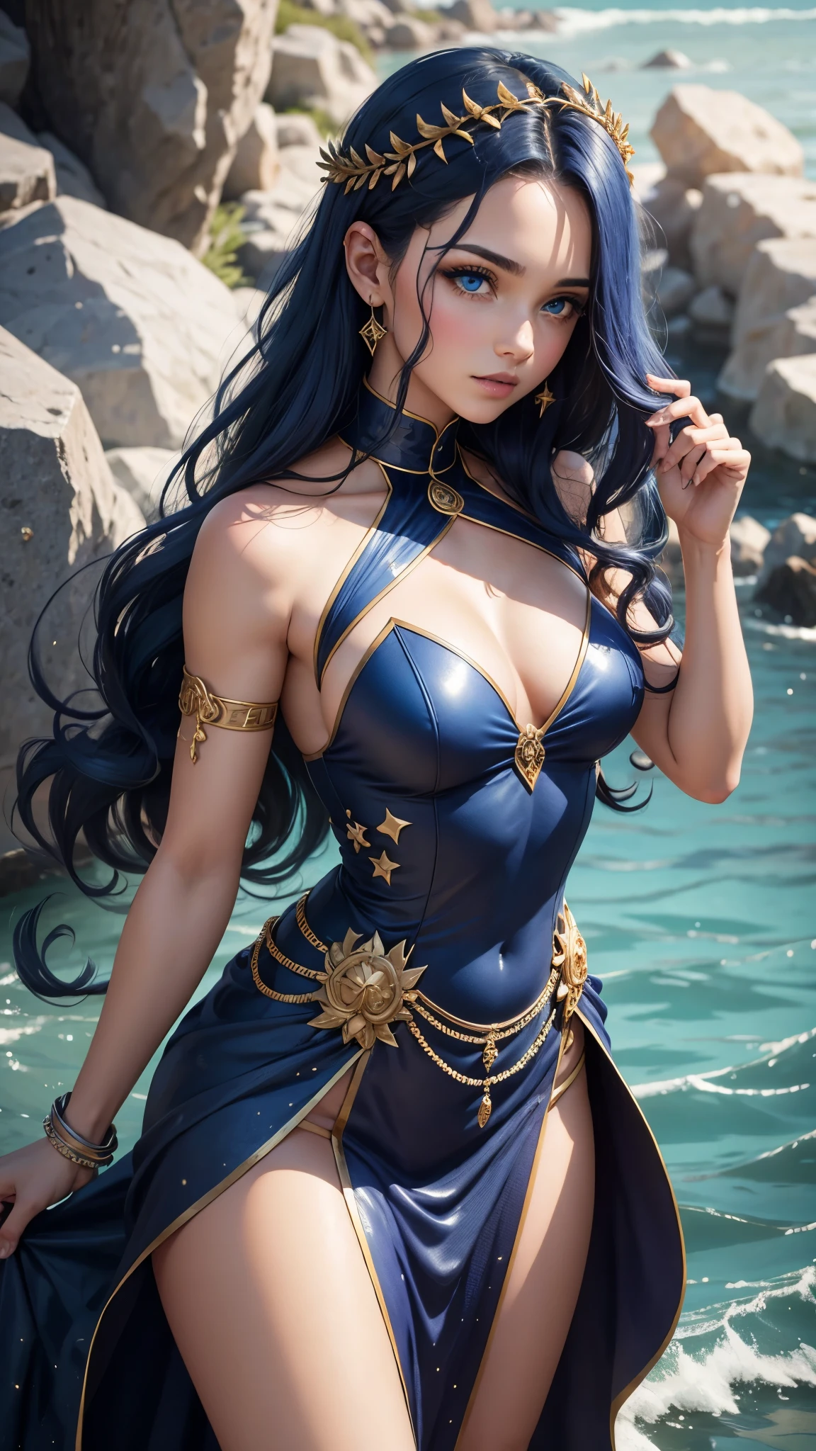 ( Absurd , High quality , ultra detailed, careful with hand )Zodiac - Sagittarius goddess , similar to latin goodness . Optimistic, fair-minded, funny and intellectual face . Reckless, cold-hearted, impatient, overconfident style . Dark blue eyes (eyes detail) , deep blue hair with bling bling , ????????????????? , in the ocean with stars , whole body , fire nature , god Chiron