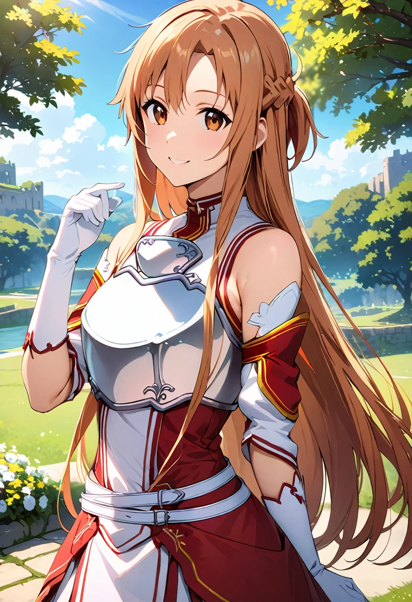 ((masterpiece)), Highest quality, Very detailed,(One Girl),Yuuki asuna、asuna(stay), brown eyes, bare shoulders, breastplate, armor, detached sleeves, gloves, white gloves, (red and white dress), Long Hair, smile, Beautiful background ,Clothing, 