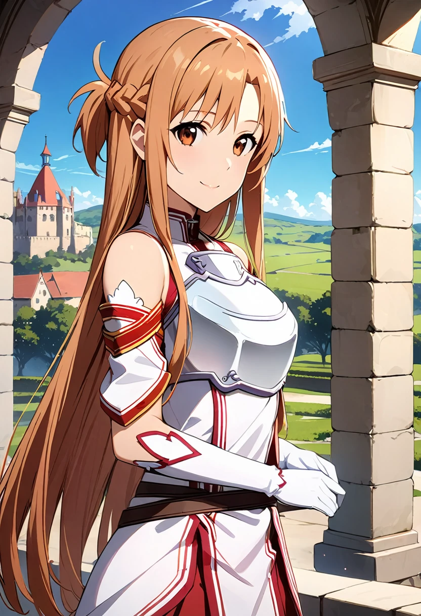 ((masterpiece)), Highest quality, Very detailed,(One Girl),Yuuki asuna、asuna(stay), brown eyes, bare shoulders, breastplate, armor, detached sleeves, gloves, white gloves, (red and white dress), Long Hair, smile, Beautiful background ,Clothing, 