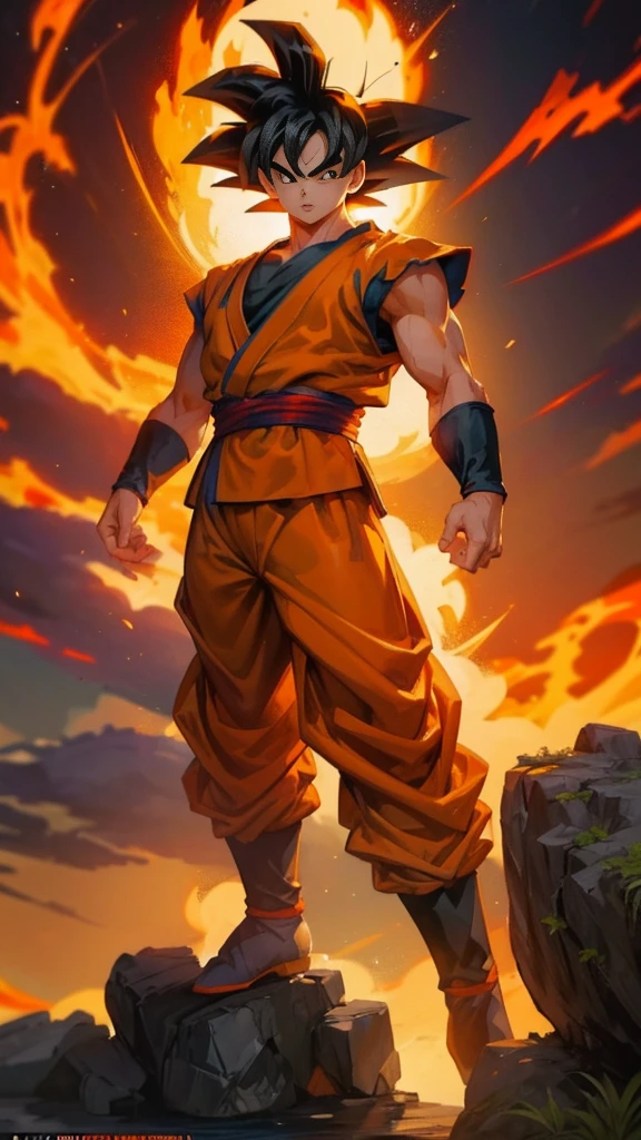 (masterpiece), best quality, ultra-detailed, Goku from Dragon Ball Z with spiky black hair, wearing orange clothes, Retro style.super saiyan.fire. Bonsai Chinese cypress