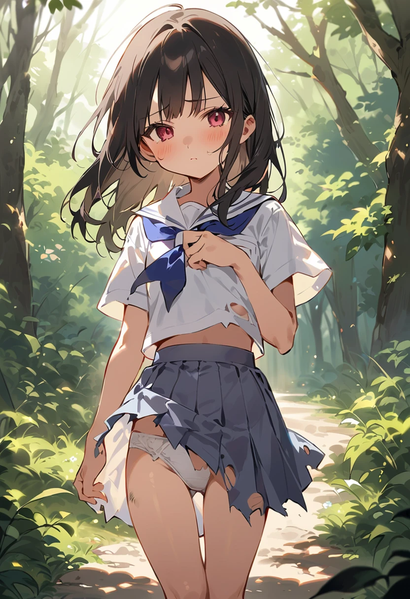 beautiful detailed girl,(masterpiece,best quality,extremely detailed:1.2),((cowboy shot:1.1)),(solo,,kawaii,slender,small breasts:1.25),(pained look:0.8),((white underwear) in ((Torn school uniform)):2),(dirty:2),blush,shy,weep,standing,(deep forest:1.5),(hug:0.4),rating: general, newest,Sexy face,(primitive:1.1)