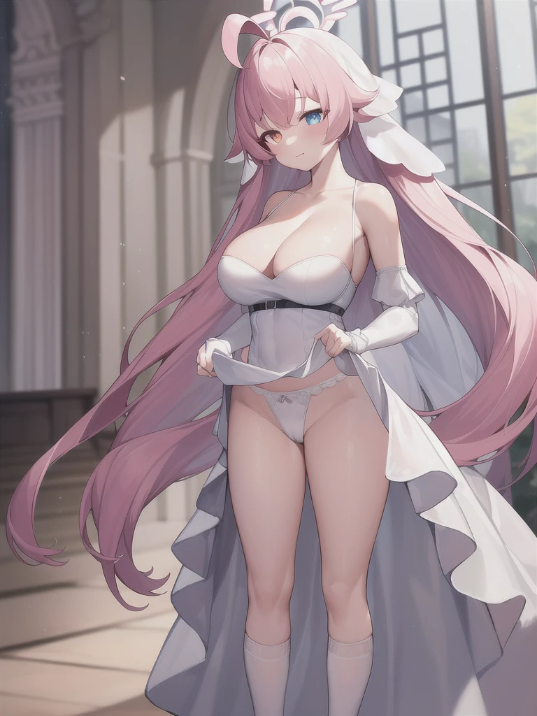 A girl，long hair, Bangs, Pink hair, Hair between the eyes, s eyes，蓝色s eyes:（1.5),  (Large Breasts:1.2), 
rest  锁骨, Wedding dress，veil，wedding，White dress，Flowers，Broken skirt，White socks，Tights，White knee socks，
looking at viewer, whole body,
indoors, church，Standing，Standing，
rest (masterpiece:1.2), best quality, high resolution, Unity 8k Wallpaper, (illustration:0.8), (美丽细致s eyes:1.6), Extremely detailed face, Perfect lighting, Extremely detailed CG, (Perfect hands, Perfect anatomical structure),