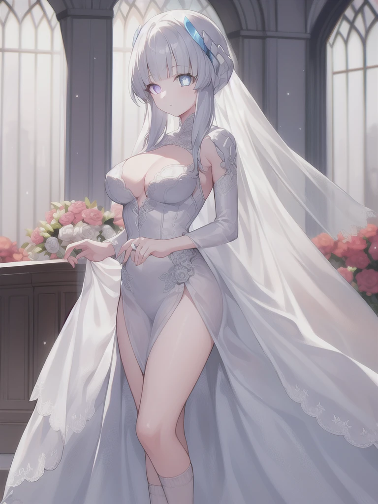 A girl,Long hair, Bangs, White hair, Hair between the eyes, Purple Eyes:(1.5), (Large Breasts:1.2),
rest 锁骨, Wedding dress,veil,wedding,White dress,Flowers,Broken skirt,White socks,Tights,White knee socks,
looking at viewer, whole body,
indoors, church,Standing,Standing,
rest (masterpiece:1.2), best quality, high resolution, Unity 8k Wallpaper, (illustration:0.8), (Beautiful and delicate eyes:1.6), Extremely detailed face, Perfect lighting, Extremely detailed CG, (Perfect hands, Perfect anatomical structure),