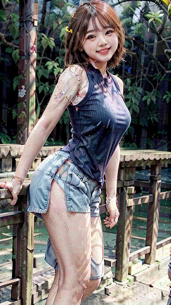 Thai woman with short hair ,20 years old,Wear a red singlet,Jeans shorts,perfect body,Standing in a sexy pose, Smile for the camera, ,In the rainy season forest, Realistic images,