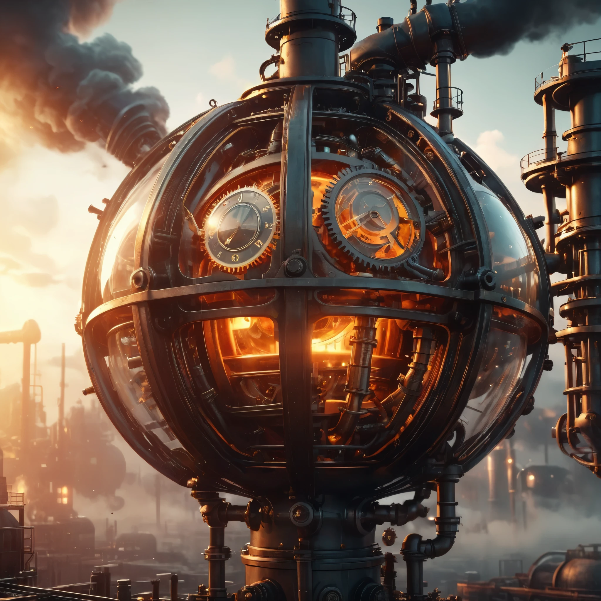 a steampunk fiery sphere landscape, industrial mechanical elements, vintage retro-futuristic aesthetic, highly detailed, intricate gears and pipes, dramatic lighting, vibrant colors, (best quality,4k,8k,highres,masterpiece:1.2),ultra-detailed,(realistic,photorealistic,photo-realistic:1.37),steampunk,futuristic,cinematic,dramatic,intricate,complex machinery,glowing lights,metallic textures,warm colors,dramatic shadows,moody atmosphere