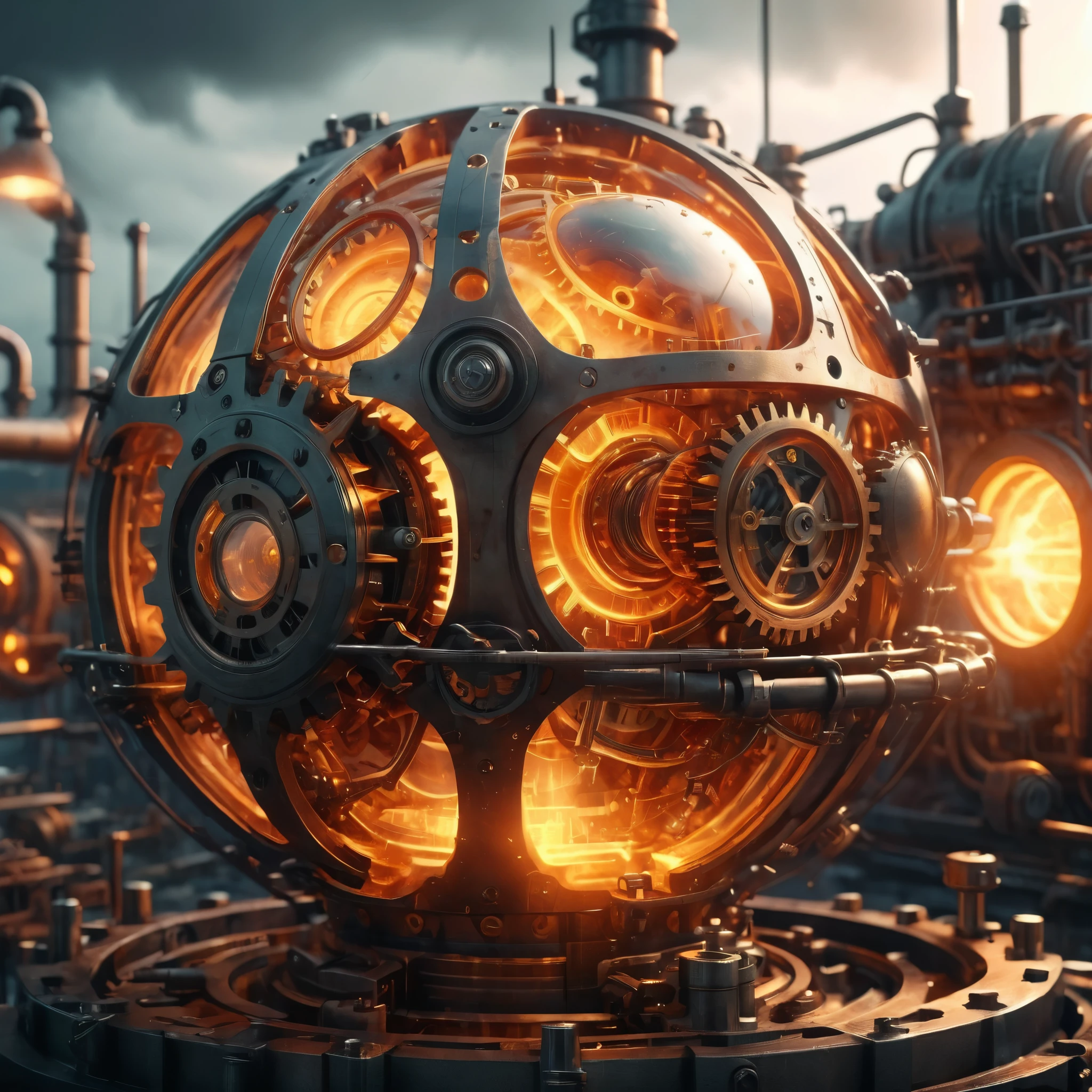 a steampunk fiery sphere landscape, industrial mechanical elements, vintage retro-futuristic aesthetic, highly detailed, intricate gears and pipes, dramatic lighting, vibrant colors, (best quality,4k,8k,highres,masterpiece:1.2),ultra-detailed,(realistic,photorealistic,photo-realistic:1.37),steampunk,futuristic,cinematic,dramatic,intricate,complex machinery,glowing lights,metallic textures,warm colors,dramatic shadows,moody atmosphere