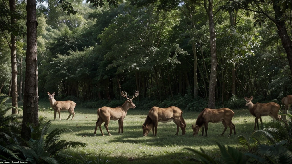 The Animals' Meeting
**Setting:** A hidden spot in the forest with dense foliage.
- **Prompt:** "In a hidden spot within the dense foliage of the forest, the animals hold a meeting. The scene includes a variety of forest animals like deer, monkeys, and birds, all looking worried as they discuss the lion's demand. The background is rich with greenery and the atmosphere is tense."