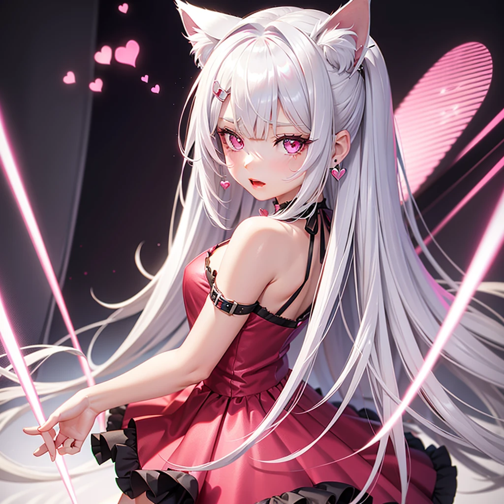 Silver hair, pink eyes, red pink dress, cat ears, sexy girl, earrings, heart backgrounds, happy, accessories in hair