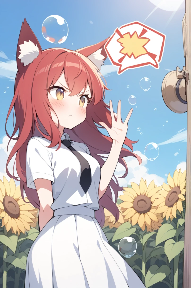 (1girl ,20s,mature female,young),angry face,white shirt,short sleeves,(black standard tie),white school skirt,(red hair),long hair,fox ears, sunflowers, standing alone, flowers, plein-air, manga curta,, blue sky, yellow flowers, blush, (bubble), waving, waving arm, arm behind the back,