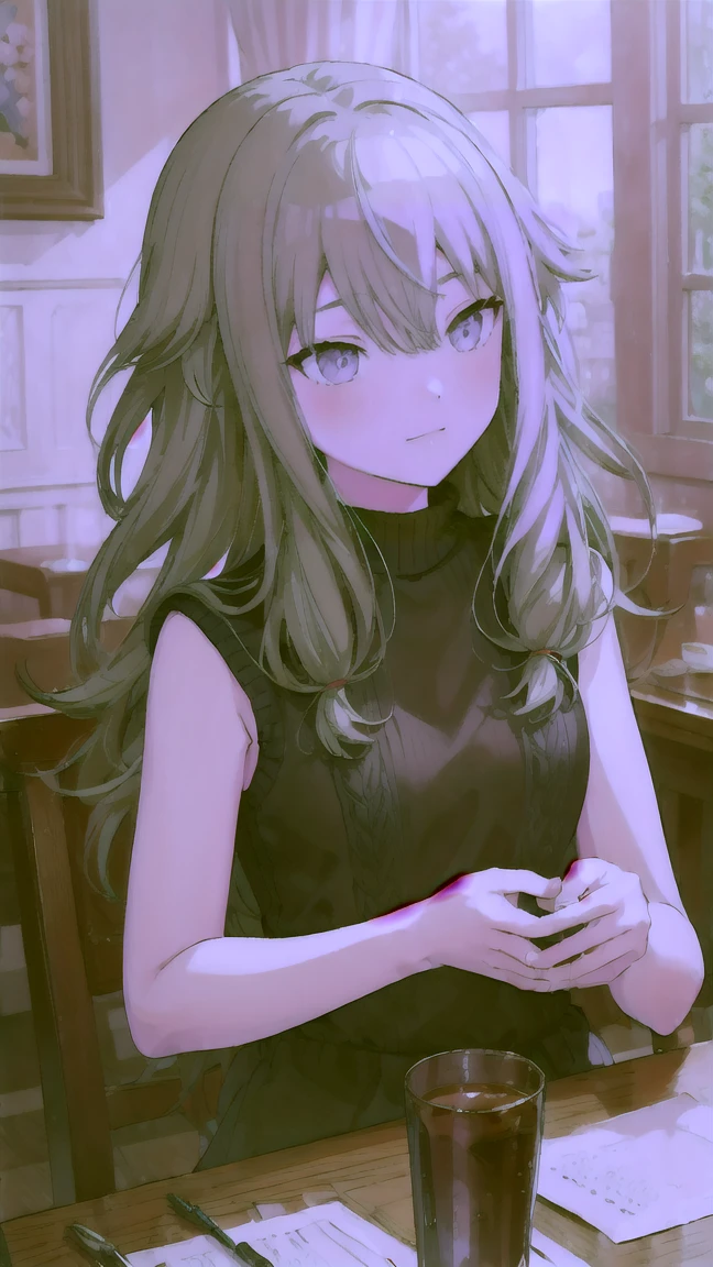 (masterpiece, Highest quality:1.6),Best image quality、Highest quality、Perfect lighting,masterpiece、、smile、Show your hand, Put your elbows on the table, Slap in the face、Chest close-up, , Sleeveless, Knitted sweater