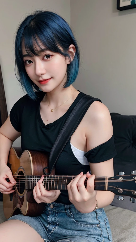 ((best quality)), photorealistic, photorealism, Photorealistic, high resolution, ((Wearing black shirt, short pants))、smile、A superb beauty、Super cute、ennui、Rare beauty、Very Short hair、Black Dark Eyeshadow、Sad、white skin、pale skin, Very short hair layered、Cute Makeup、Cute Smile、Fragrant beauty、Music studio background、Mastepiece、Best Quality、Refers to 5 books、Sweat glistening on my chest、Sweat glistening on my face、Medium breasts、Blue hair、Age 20 years old、Mysterious look、A sad expression、Blue Hair、Glamorous music studio、Sweating profusely all over the body、Plenty of sweat glistening on the thighs、A large amount of sweat glistens on my thighs、Sweating profusely、Gal、Medium breasts、Beautiful face、Alluring expression、Sitting、Sitting playing guitar、Thick thighs、Playing guitar、I have a guitar、Sing a song enthusiastically、Playing guitar in a band、Rock band、Playing guitar chords、Live House Background、Sing a song、Open your mouth、Live house scenery、Glamorous live stage、Dynamic Angle