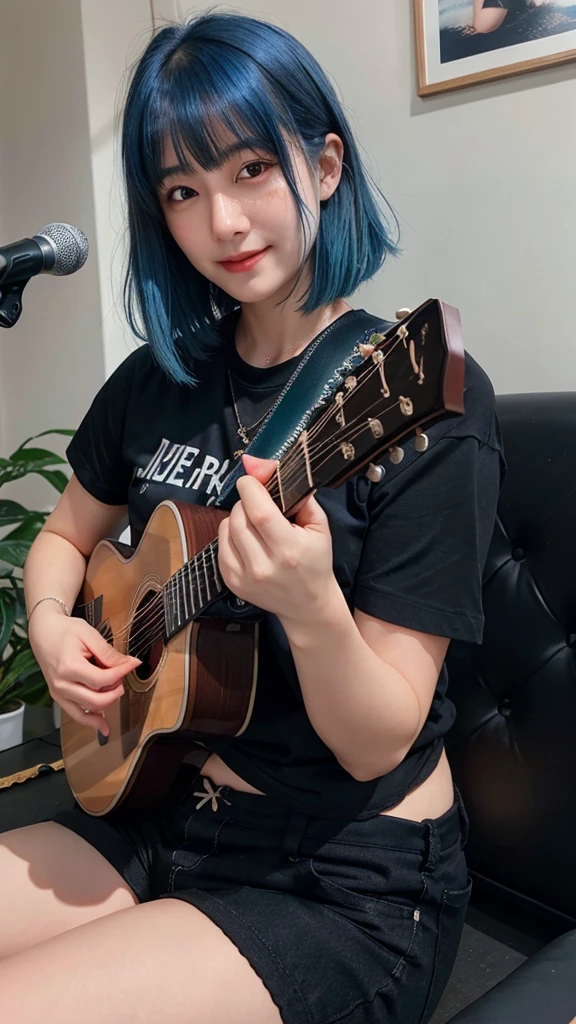 ((best quality)), photorealistic, photorealism, Photorealistic, high resolution, ((Wearing black shirt, short pants))、smile、A superb beauty、Super cute、ennui、Rare beauty、Very Short hair、Black Dark Eyeshadow、Sad、white skin、pale skin, Very short hair layered、Cute Makeup、Cute Smile、Fragrant beauty、Music studio background、Mastepiece、Best Quality、Refers to 5 books、Sweat glistening on my chest、Sweat glistening on my face、Medium breasts、Blue hair、Age 20 years old、Mysterious look、A sad expression、Blue Hair、Glamorous music studio、Sweating profusely all over the body、Plenty of sweat glistening on the thighs、A large amount of sweat glistens on my thighs、Sweating profusely、Gal、Medium breasts、Beautiful face、Alluring expression、Sitting、Sitting playing guitar、Thick thighs、Playing guitar、I have a guitar、Sing a song enthusiastically、Playing guitar in a band、Rock band、Playing guitar chords、Live House Background、Sing a song、Open your mouth、Live house scenery、Glamorous live stage、Dynamic Angle