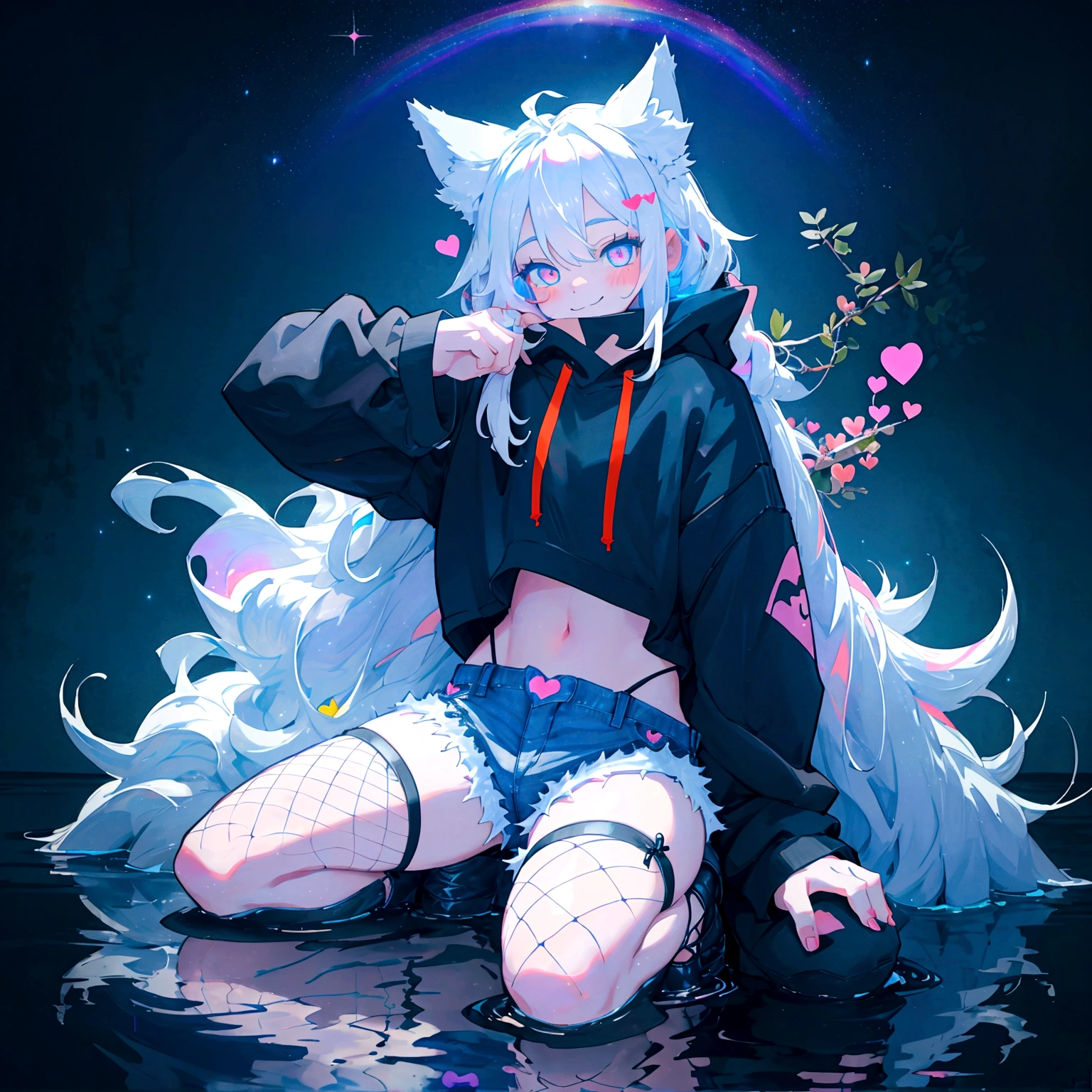 a cute adult male with wolf ears, long white hair, long locks, has a wolf tail, wearing a loose cropped black hoodie, wearing a pair of denim short shorts and fishnet stockings, thick thighs, wide hips, relaxing on mound of fluffy multi colored kawaii plushies, short, very slim, showing slender tummy, heart on hoodie, squishy thighs, has glowing blue eyes. alone, solo (ALONE)(SOLO), surrounded by rainbows, colorful galaxy backround, smiling, stretching out, water reflection