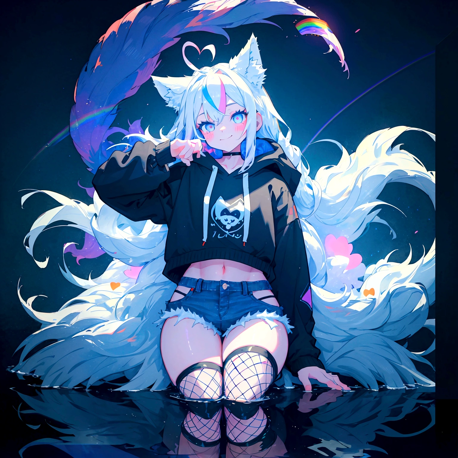 a cute adult male with wolf ears, long white hair, long locks, has a wolf tail, wearing a loose cropped black hoodie, wearing a pair of denim short shorts and fishnet stockings, thick thighs, wide hips, relaxing on mound of fluffy multi colored kawaii plushies, short, very slim, showing slender tummy, heart on hoodie, squishy thighs, has glowing blue eyes. alone, solo (ALONE)(SOLO), surrounded by rainbows, colorful galaxy backround, smiling, stretching out, water reflection