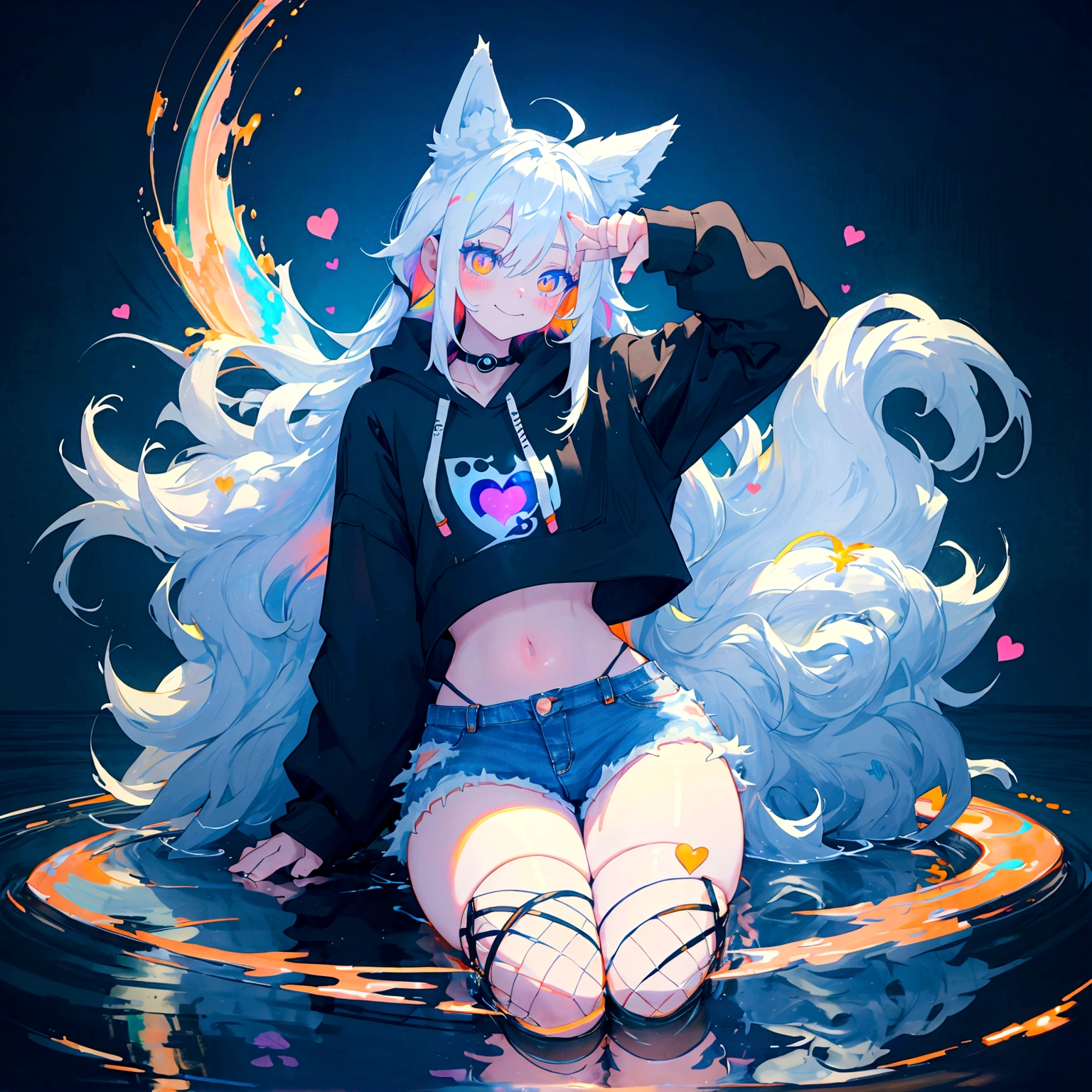 a cute adult male with wolf ears, long white hair, long locks, has a wolf tail, wearing a loose cropped black hoodie, wearing a pair of denim short shorts and fishnet stockings, thick thighs, wide hips, relaxing on mound of fluffy multi colored kawaii plushies, short, very slim, showing slender tummy, heart on hoodie, squishy thighs, has glowing blue eyes. alone, solo (ALONE)(SOLO), surrounded by rainbows, colorful galaxy backround, smiling, stretching out, water reflection