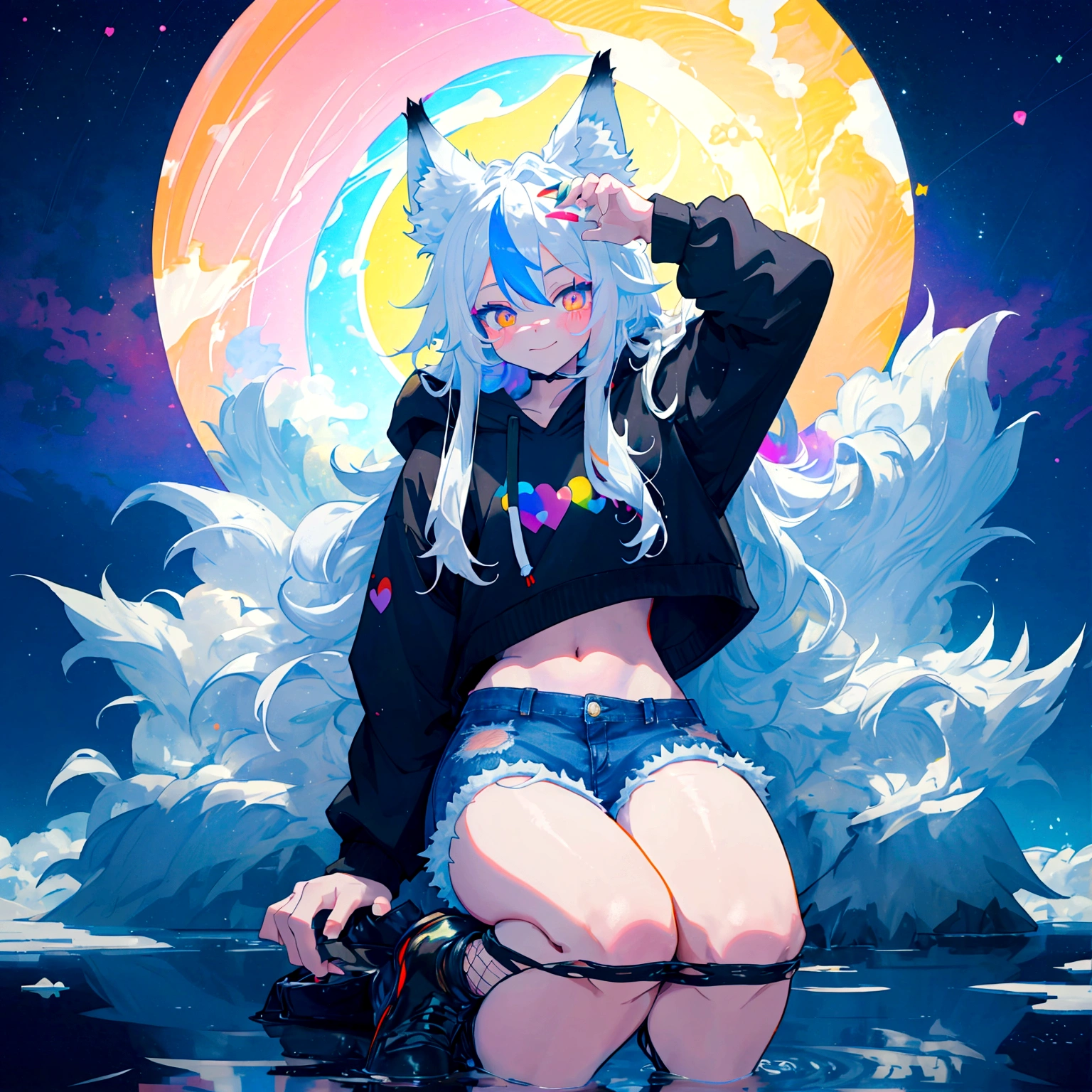 a cute adult male with wolf ears, long white hair, long locks, has a wolf tail, wearing a loose cropped black hoodie, wearing a pair of denim short shorts and fishnet stockings, thick thighs, wide hips, relaxing on mound of fluffy multi colored kawaii plushies, short, very slim, showing slender tummy, heart on hoodie, squishy thighs, has glowing blue eyes. alone, solo (ALONE)(SOLO), surrounded by rainbows, colorful galaxy backround, smiling, stretching out, water reflection