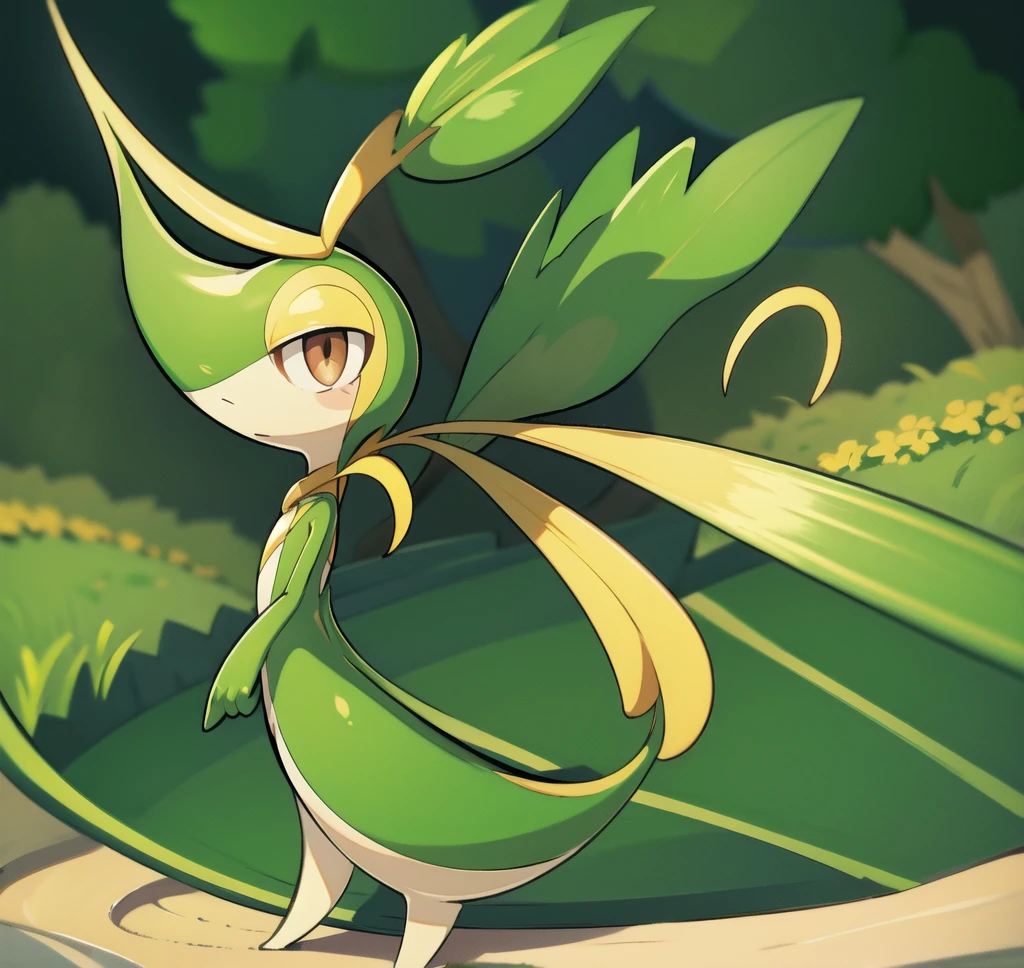 Snivy in a flower field, good lighting, side view, frown, defined tail, pointed snout, beautiful eyes, ancesra art style