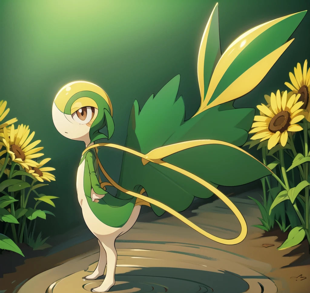 Snivy in a flower field, good lighting, side view, frown, defined tail, pointed snout, beautiful eyes, ancesra art style