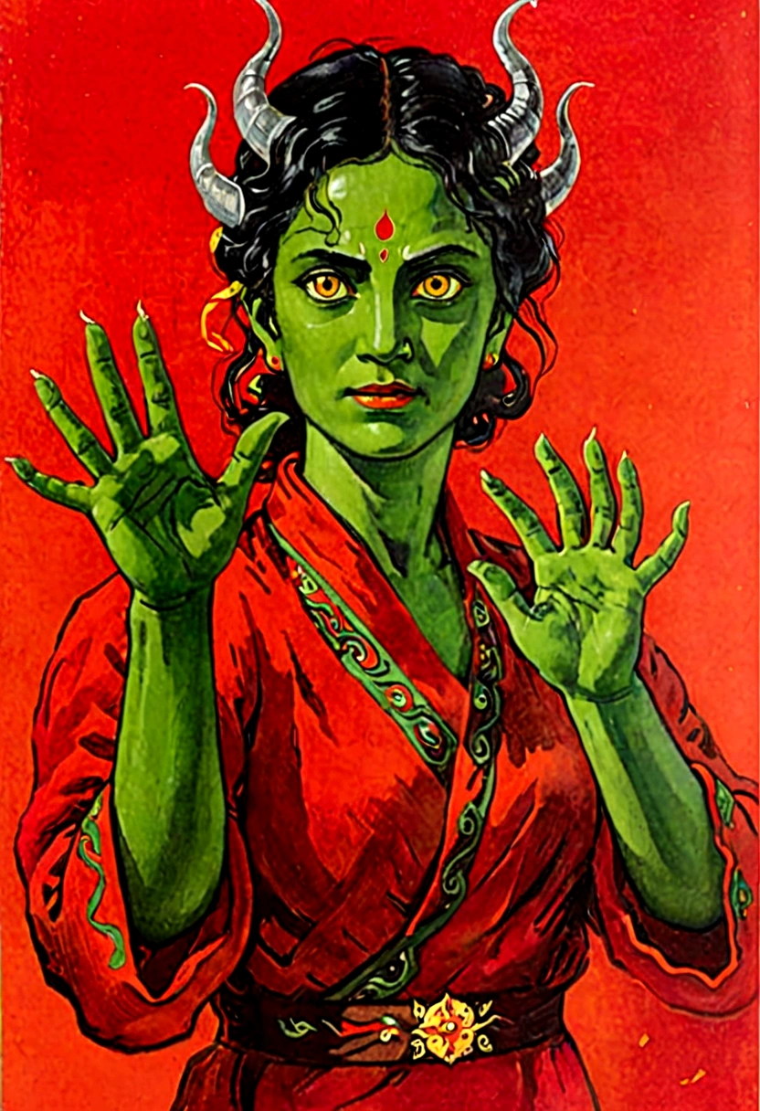 Demoni in red background with bright eyes, greenish skin and but red moved by hurricane wind with outstretched hand