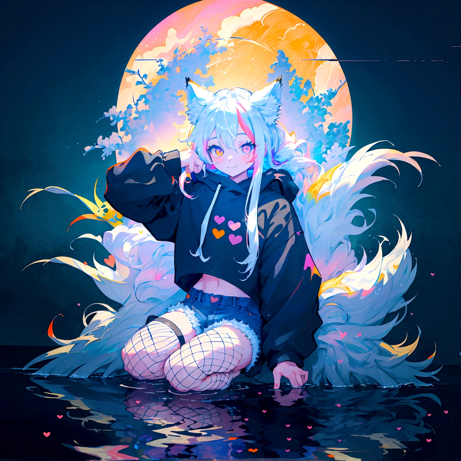 a cute adult male with wolf ears, long white hair, long locks, has a wolf tail, wearing a loose cropped black hoodie, wearing a pair of denim short shorts and fishnet stockings, thick thighs, wide hips, relaxing on mound of fluffy multi colored kawaii plushies, short, very slim, showing slender tummy, heart on hoodie, squishy thighs, has glowing blue eyes. alone, solo (ALONE)(SOLO), surrounded by rainbows, colorful galaxy backround, smiling, stretching out, water reflection