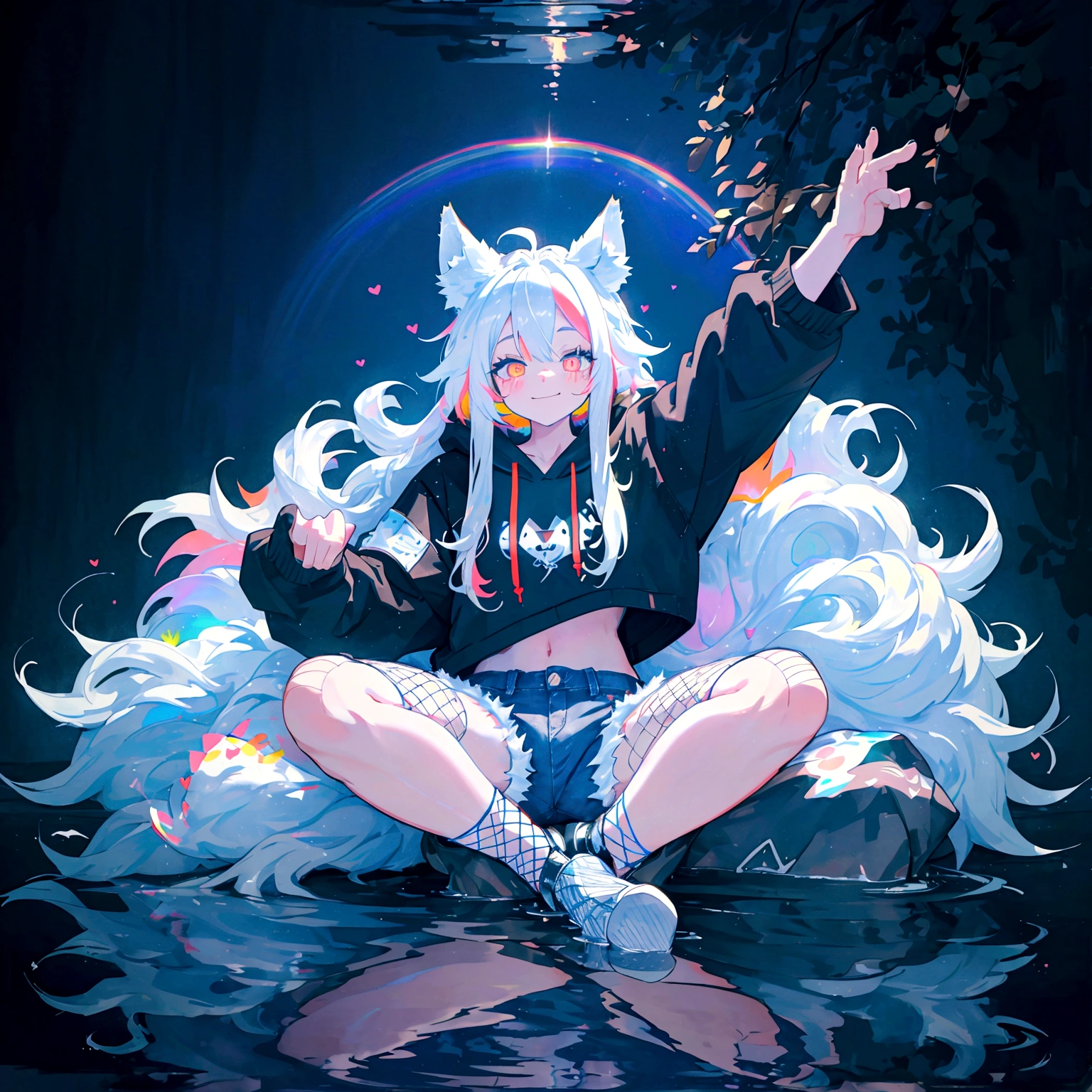 a cute adult male with wolf ears, long white hair, long locks, has a wolf tail, wearing a loose cropped black hoodie, wearing a pair of denim short shorts and fishnet stockings, thick thighs, wide hips, relaxing on mound of fluffy multi colored kawaii plushies, short, very slim, showing slender tummy, heart on hoodie, squishy thighs, has glowing blue eyes. alone, solo (ALONE)(SOLO), surrounded by rainbows, colorful galaxy backround, smiling, stretching out, water reflection