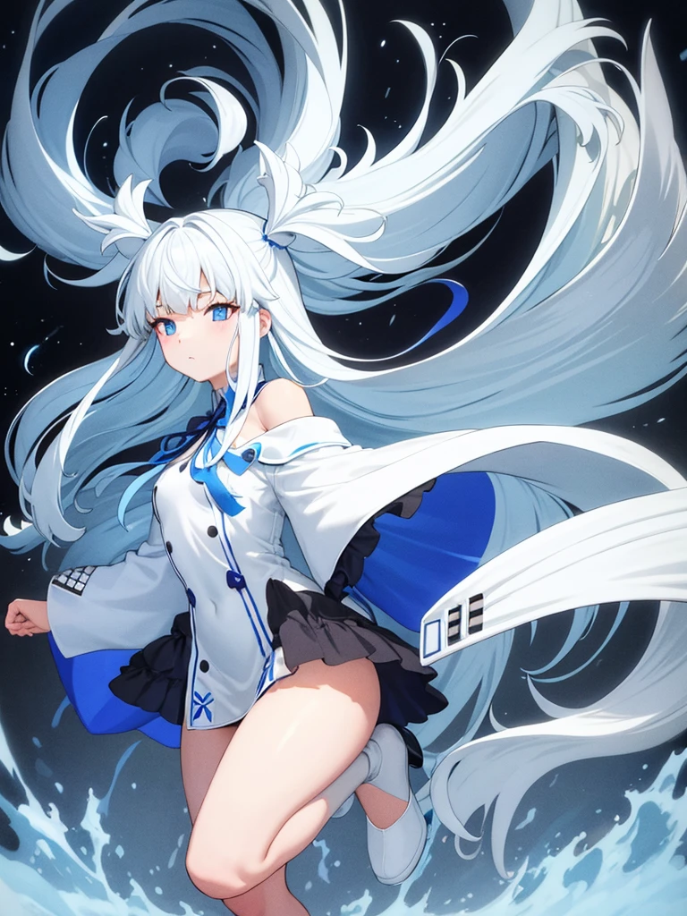 Blue Ribbon, white hair, long hair, wing hair, White wing, off the shoulder coats, white Short dress, full body, concept art, star inner hair