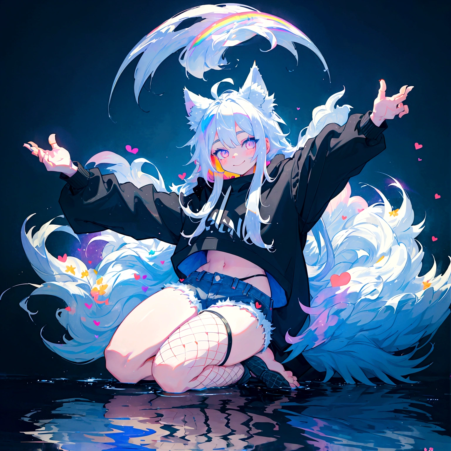 a cute adult male made of slime with wolf ears, long white hair, long locks, has a wolf tail, wearing a loose cropped black hoodie, wearing a pair of denim short shorts and fishnet stockings, thick thighs, wide hips, short, very slim, showing slender tummy, heart on hoodie, squishy thighs, has glowing blue eyes. alone, solo (ALONE)(SOLO) made of slime, flesh made of slime