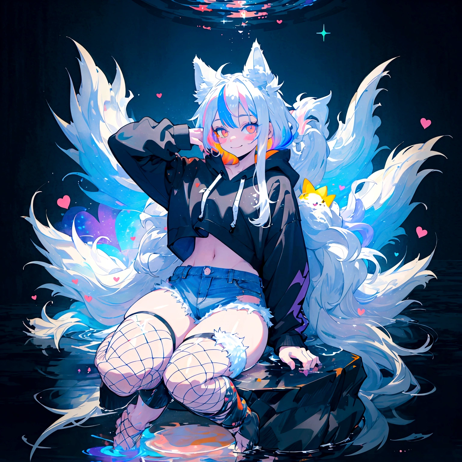a cute adult male with wolf ears, long white hair, long locks, has a wolf tail, wearing a loose cropped black hoodie, wearing a pair of denim short shorts and fishnet stockings, thick thighs, wide hips, relaxing on mound of fluffy multi colored kawaii plushies, short, very slim, showing slender tummy, heart on hoodie, squishy thighs, has glowing blue eyes. alone, solo (ALONE)(SOLO), surrounded by rainbows, colorful galaxy backround, smiling, stretching out, water reflection