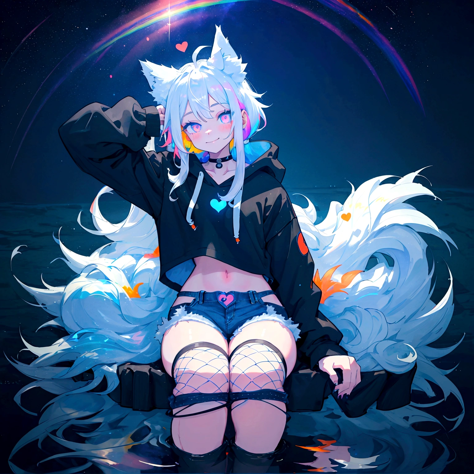 a cute adult male with wolf ears, long white hair, long locks, has a wolf tail, wearing a loose cropped black hoodie, wearing a pair of denim short shorts and fishnet stockings, thick thighs, wide hips, relaxing on mound of fluffy multi colored kawaii plushies, short, very slim, showing slender tummy, heart on hoodie, squishy thighs, has glowing blue eyes. alone, solo (ALONE)(SOLO), surrounded by rainbows, colorful galaxy backround, smiling, stretching out, water reflection