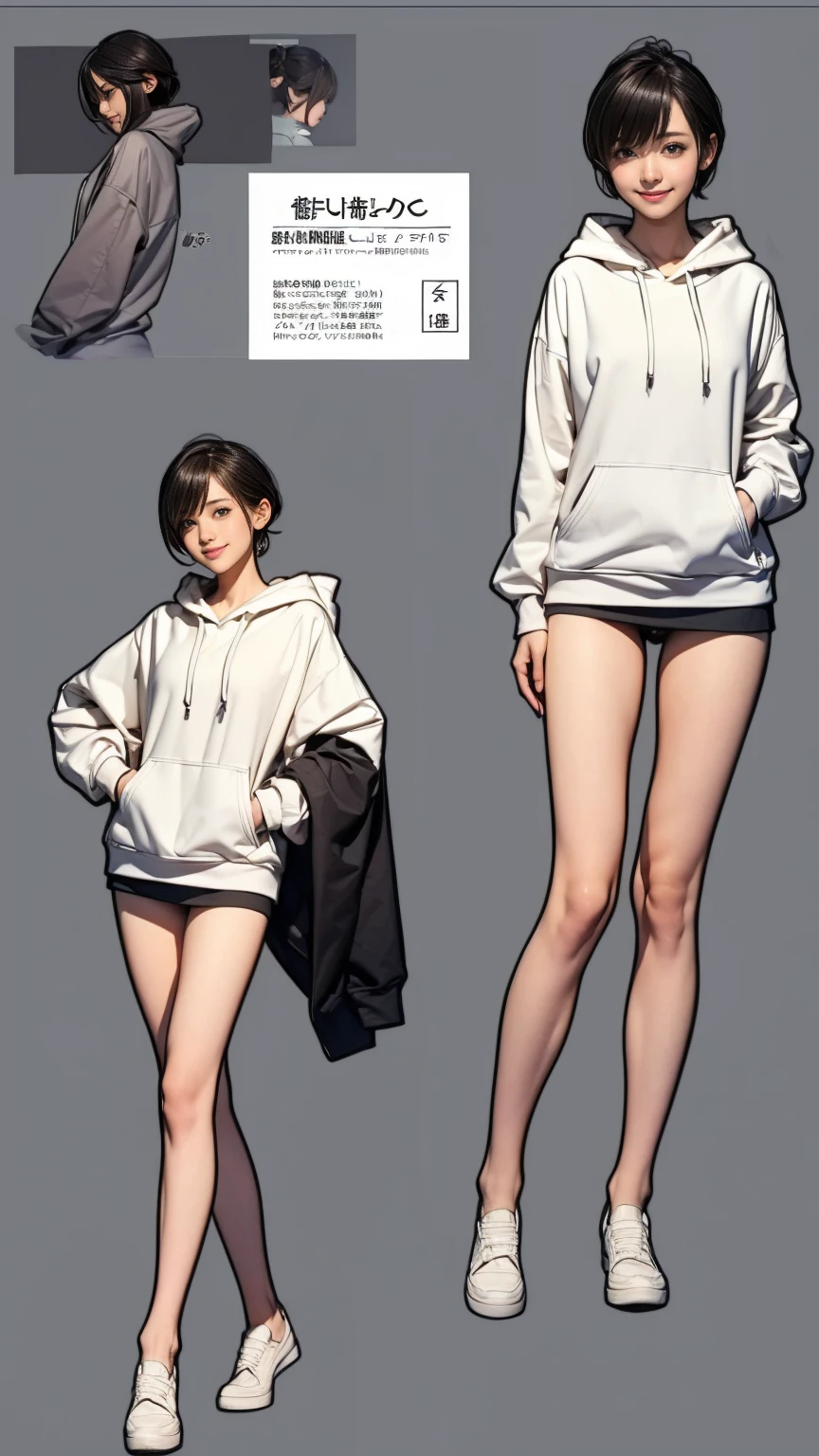 ((masterpiece)),(((Highest quality))),((Character design sheet)), Thin thighs,Long legs,18-year-old, Cute type,Big round eyes, Japanese Girls , The best smile:1.5,White long hoodie:1.5, A glimpse of black panties:1.5,Very short hair , (Highly detailed skin), The background is gray,