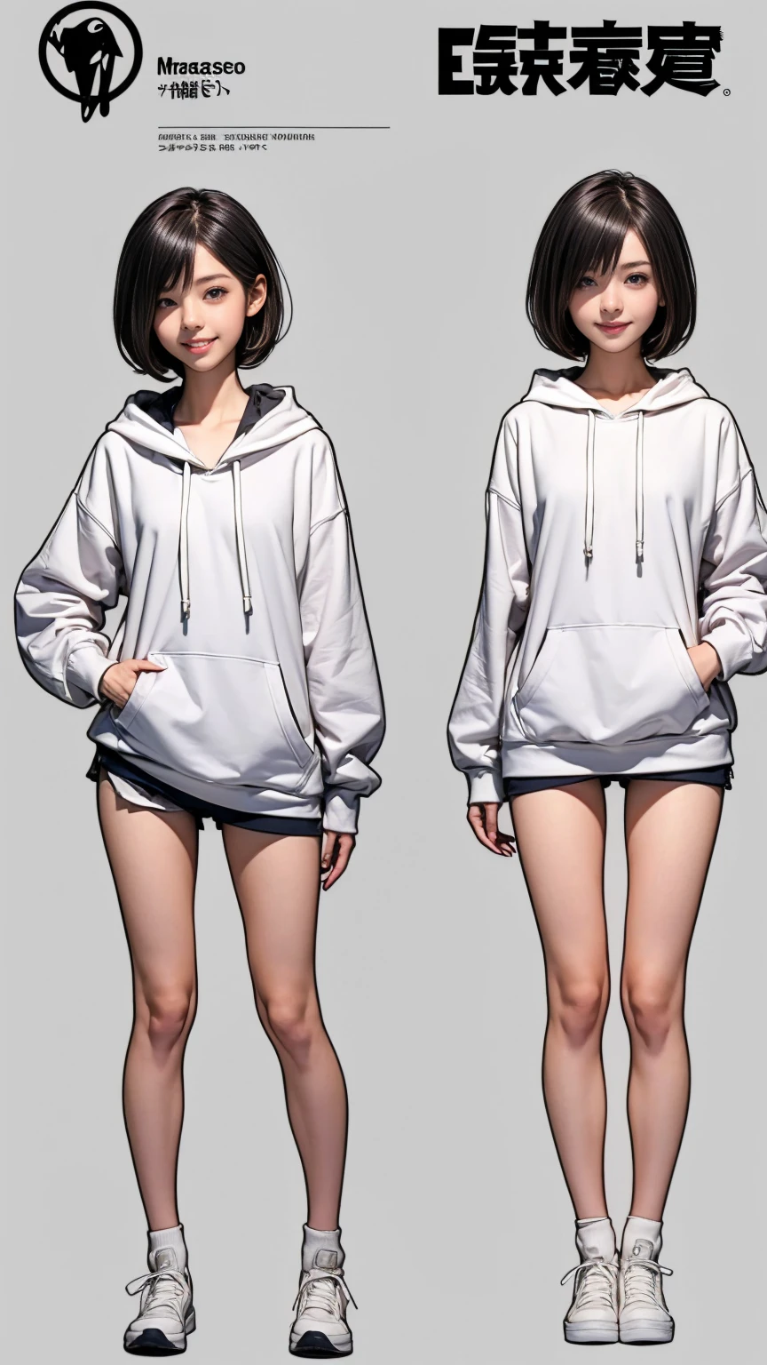 ((masterpiece)),(((Highest quality))),((Character design sheet)), Thin thighs,Long legs,18 year old Japanese girl, Cute type,The best smile:1.5，white long hoodie:1.5, Black panties in full view 1.5，Very short hair ,  (Highly detailed skin), The background is gray，Tuck up your clothes:1.5，Wearing a hood:1.5，Sexy pose with butt sticking out:1.5，Wearing white sneakers:1.5，I&#39;m not wearing a skirt:1.5，