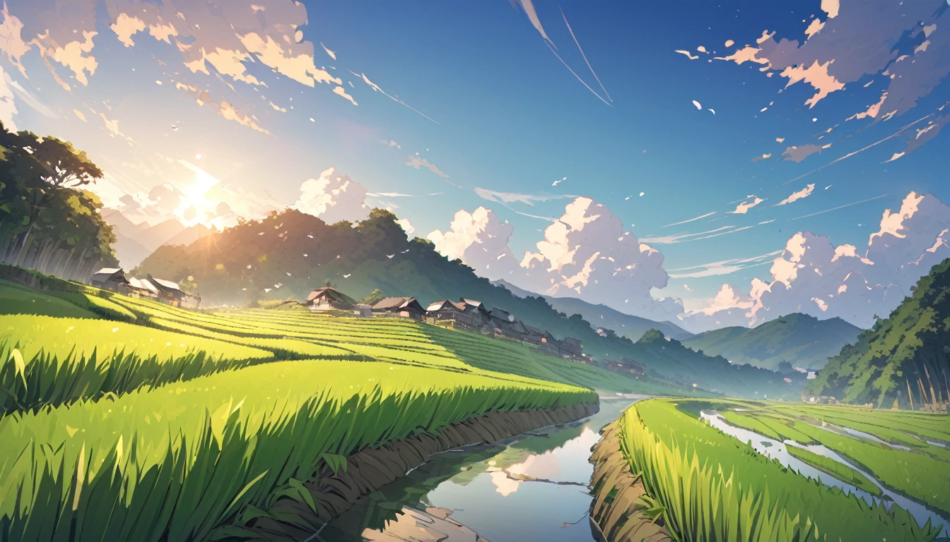 Beautiful countryside。There are also rice fields and cicadas chirping.
