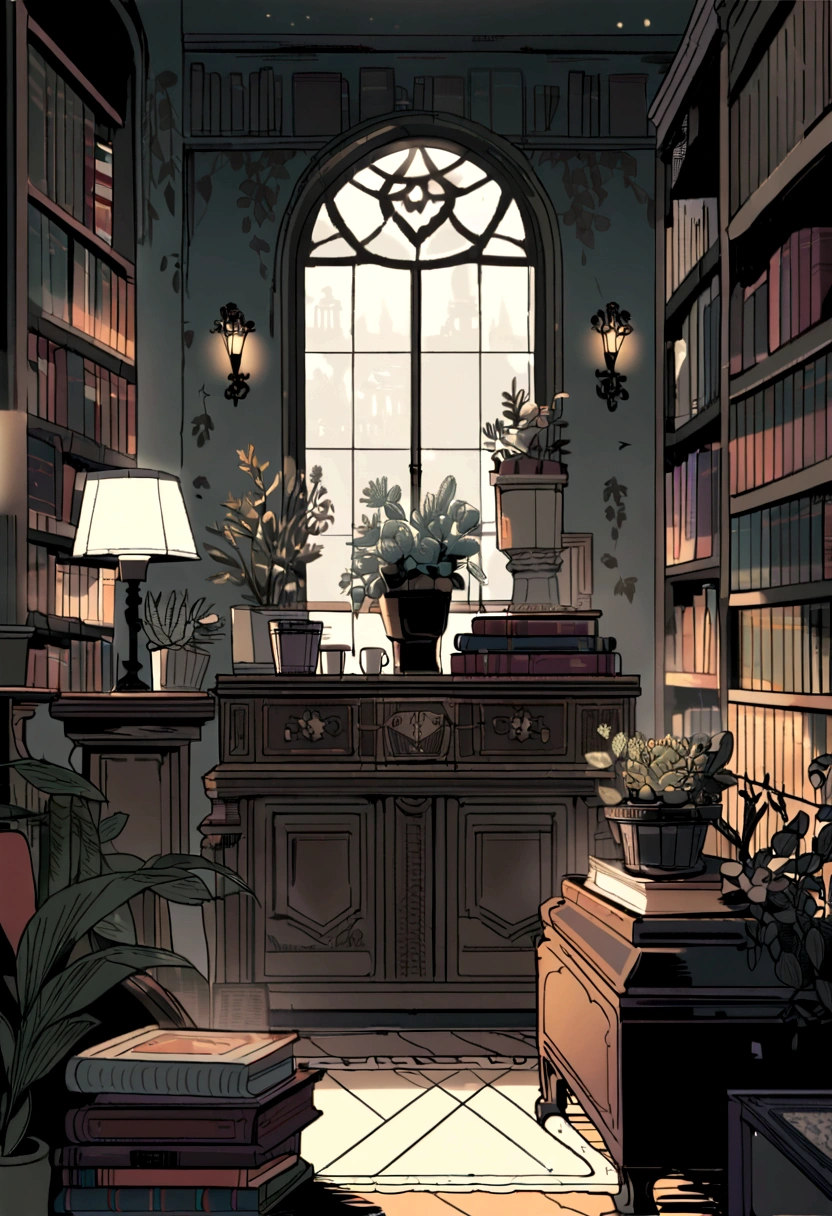 Generate fror a tumbler mockup an enchanting and interactive animated illustration, a gloomy, grandparent-inspired living room comes to life. A bookshelf dominates the scene, filled with an assortment of potted succulent plants, coffee cups, and old, leather-bound books. The central focus is the text 'Books, Plants & Coffee', elegantly displayed in a vintage font. A misty, gothic atmosphere hangs in the air, with the room bathed in soft, eerie lighting. The floral theme is subtly woven throughout, as the succulents and book bindings feature delicate, intricate floral patterns. The whole design is captivating, drawing viewers into the mysterious, vintage world of books, plants, and coffee.