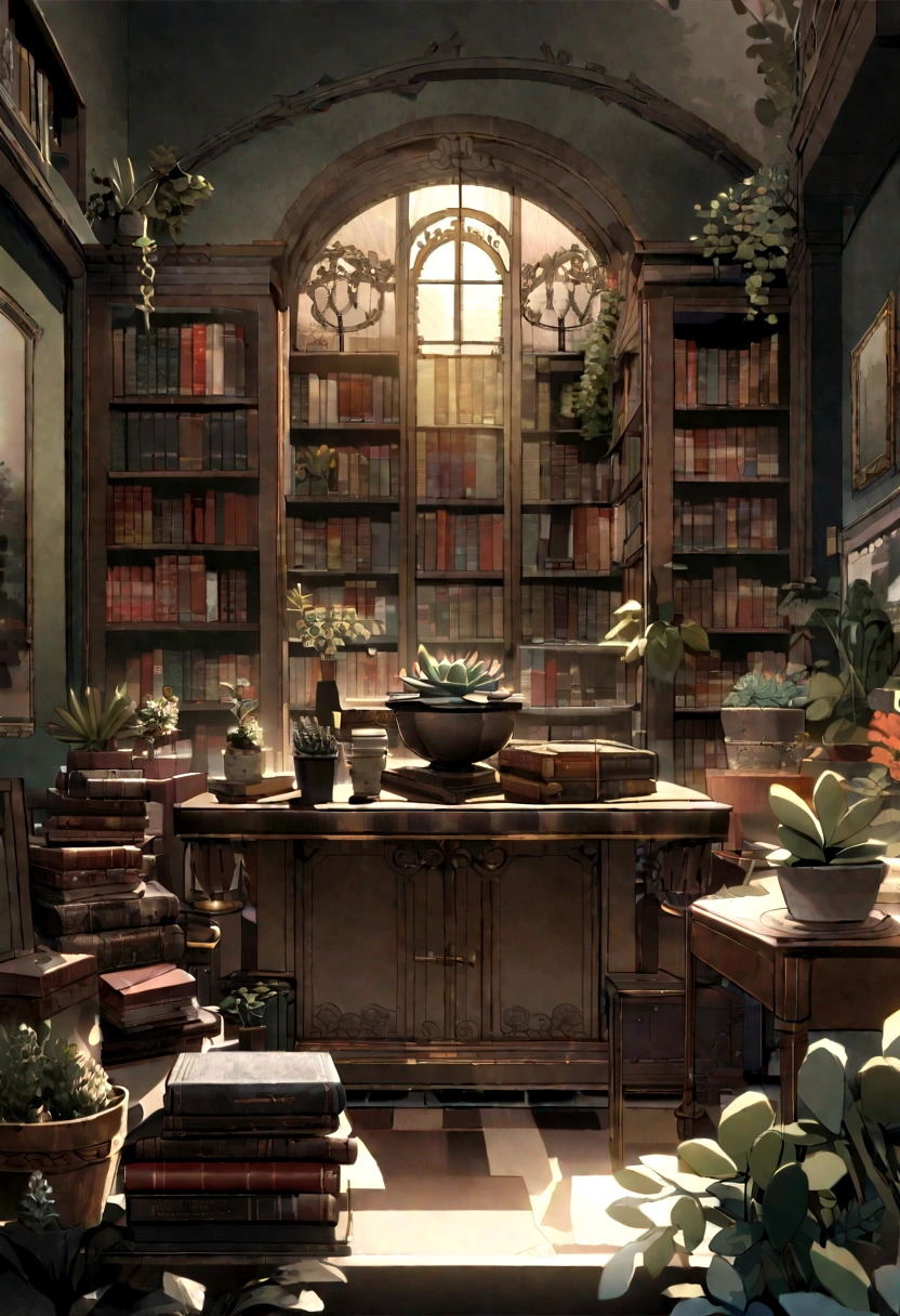 Generate fror a tumbler mockup an enchanting and interactive animated illustration, a gloomy, grandparent-inspired living room comes to life. A bookshelf dominates the scene, filled with an assortment of potted succulent plants, coffee cups, and old, leather-bound books. The central focus is the text 'Books, Plants & Coffee', elegantly displayed in a vintage font. A misty, gothic atmosphere hangs in the air, with the room bathed in soft, eerie lighting. The floral theme is subtly woven throughout, as the succulents and book bindings feature delicate, intricate floral patterns. The whole design is captivating, drawing viewers into the mysterious, vintage world of books, plants, and coffee.