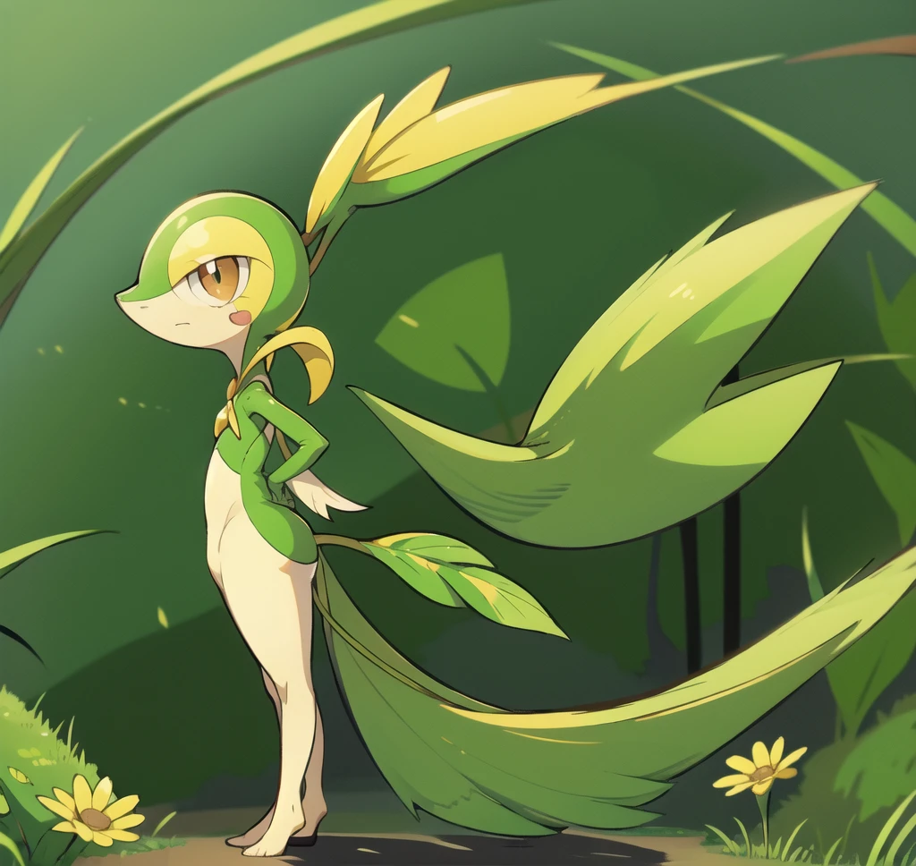 (masterpiece, best quality:1.2),solo,snivy \(pokemon\),pokemon \(creature\),full body,no humans,flower field, good lighting, side view, frown, defined tail, pointed snout, beautiful eyes, ancesra art style