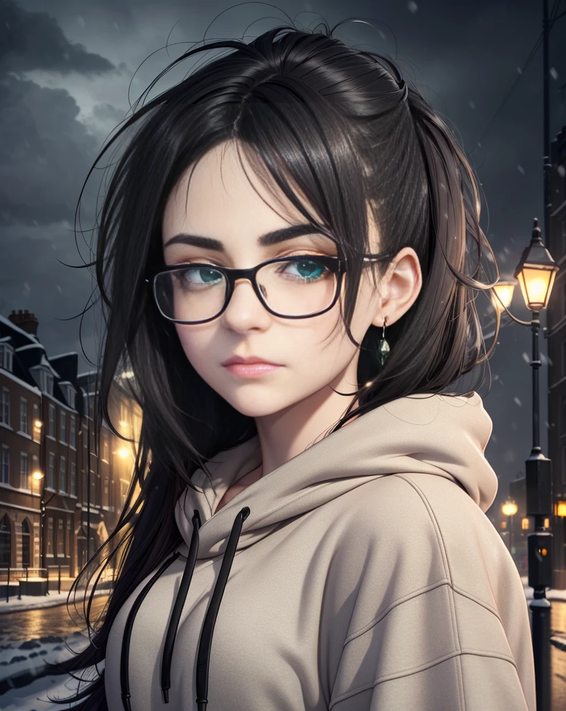 Best quality, volumetric lighting, cinematic lighting, masterpiece, ultra high res, 4k, (soft round detailed face), (sad expression), (detailed green eyes), bags under eyes, thick eyebrows, depressed, melancholy, (wearing rounded glasses), (very pale light skin), detailed black hair, ((long messy greasy hair)), (plain black hoodie), black stud earrings, black nail varnish, unwashed, unkempt, disheveled, sodium streetlamps, midnight, dark clouds, London, snow