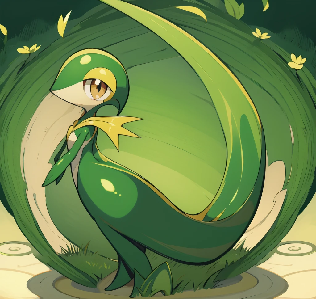 (masterpiece, best quality:1.2),solo,snivy \(pokemon\),pokemon \(creature\),full body,no humans,flower field, good lighting, side view, frown, defined tail, pointed snout, beautiful eyes, ancesra art style