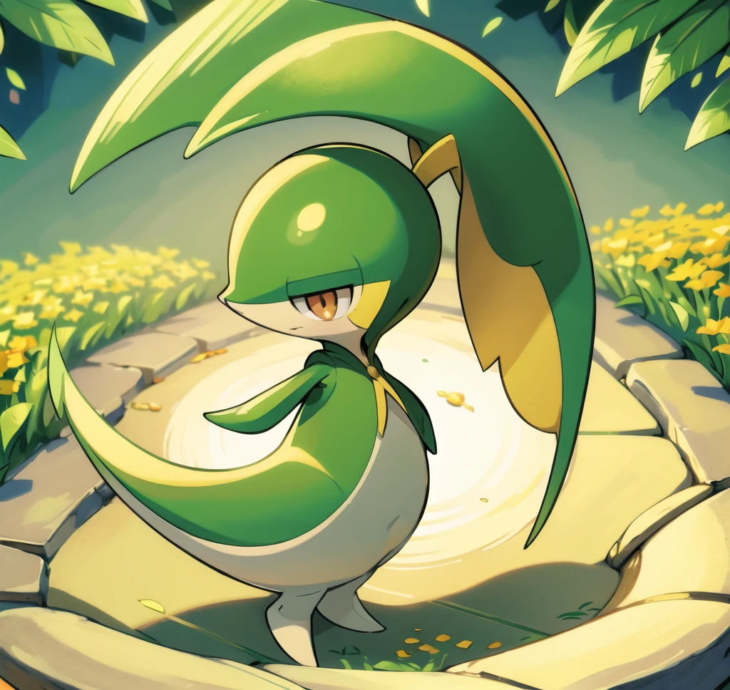 (masterpiece, best quality:1.2),solo,snivy \(pokemon\),pokemon \(creature\),full body,no humans,flower field, good lighting, side view, frown, defined tail, pointed snout, beautiful eyes, ancesra art style