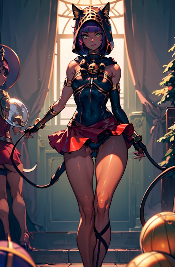 Masterpiece, best quality, absurdres, 1girl, beautiful legs, menat_holiday,  light smile, dark skin, Green eyes, egyptian, bob cut, red dress, (black hood), black gloves,(shiny thighs),, tail, bell, bare shoulders,sexy thighs,(((beautiful leg))),((solo)),panty shot,evil smile,from behind,back shot,ass,ass focus,close up,dark rom