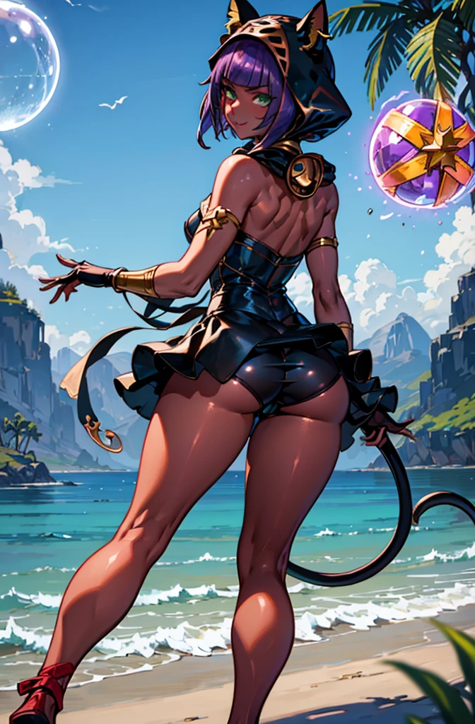 Masterpiece, best quality, absurdres, 1girl, beautiful legs, menat_holiday,  light smile, dark skin, Green eyes, egyptian, bob cut, red dress, (black hood), black gloves,(shiny thighs),, tail, bell, bare shoulders,sexy thighs,(((beautiful leg))),((solo)),panty shot,evil smile,from behind,back shot,ass,ass focus,close up,dark rom