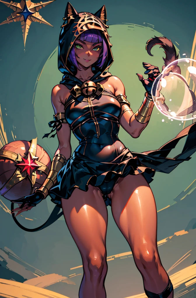 Masterpiece, best quality, absurdres, 1girl, beautiful legs, menat_holiday, light smile, dark skin, Green eyes, egyptian, bob cut, red dress, (black hood), black gloves,(shiny thighs),, tail, bell, bare shoulders,sexy thighs,(((beautiful leg))),((solo)),panty shot,evil smile,from behind,back shot,ass,ass focus,close up,dark rom