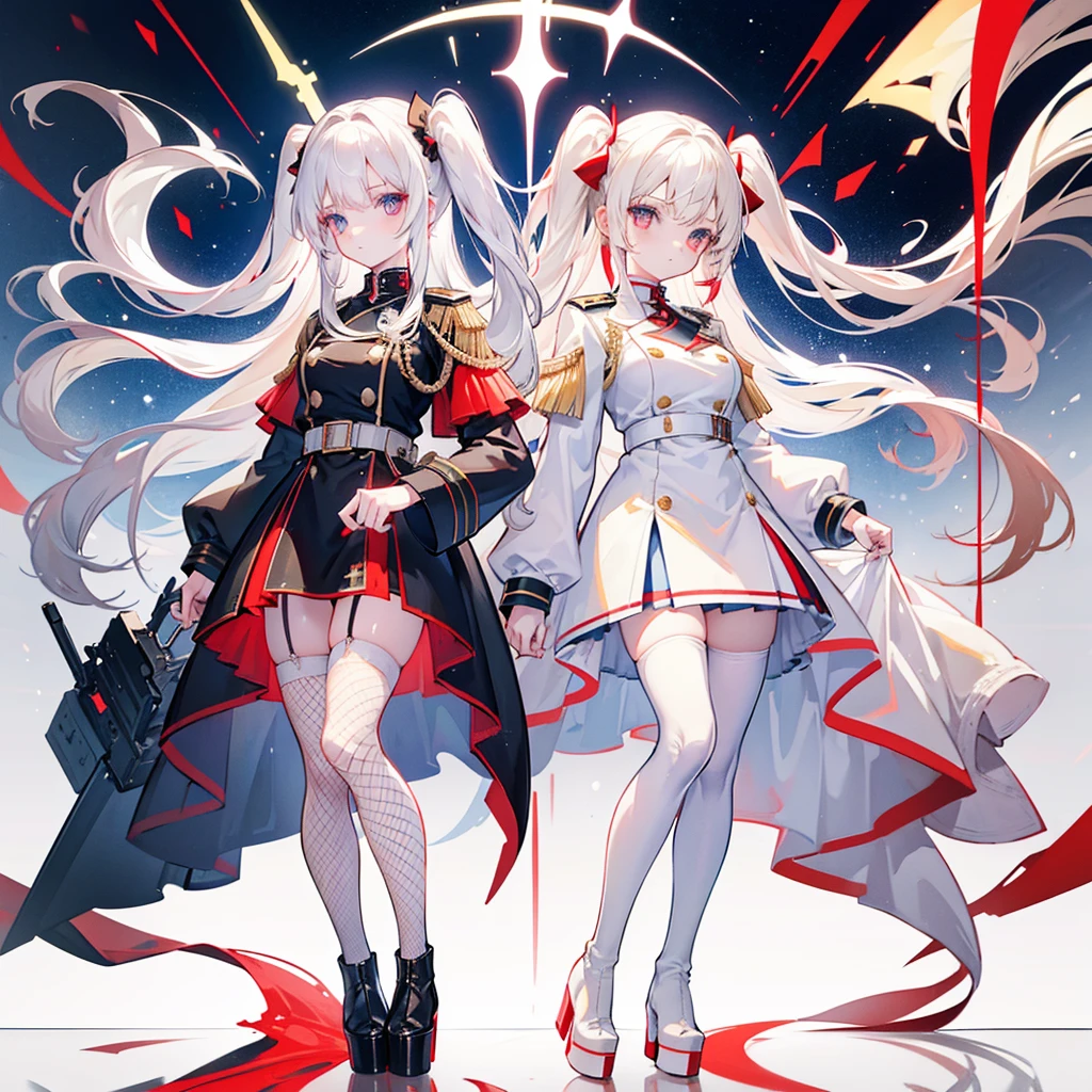 Two girls, (beige hair, red eyes), (white hair, blue eyes), twin tails, long hair, white background, light, high quality, military uniform, fishnet stockings, platform boots