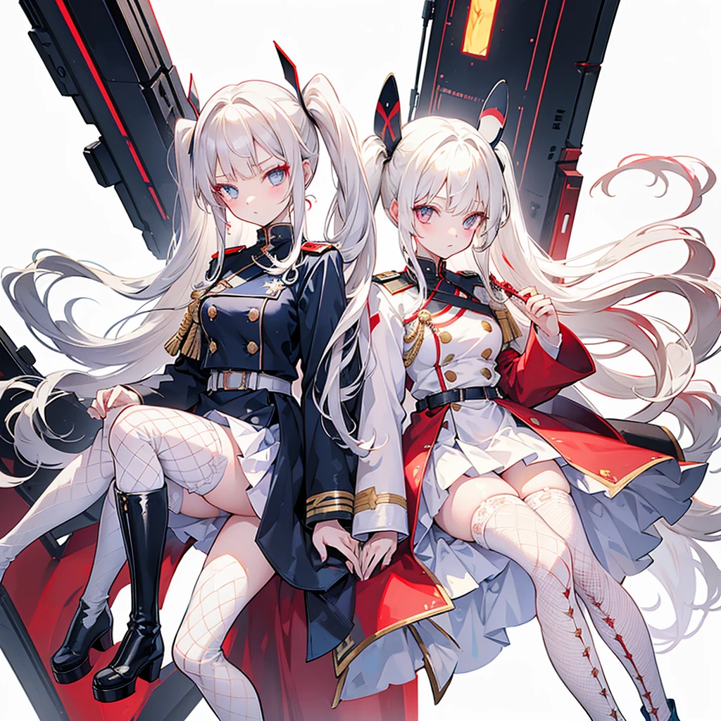 Two girls, (beige hair, red eyes), (white hair, blue eyes), twin tails, long hair, white background, light, high quality, military uniform, fishnet stockings, platform boots