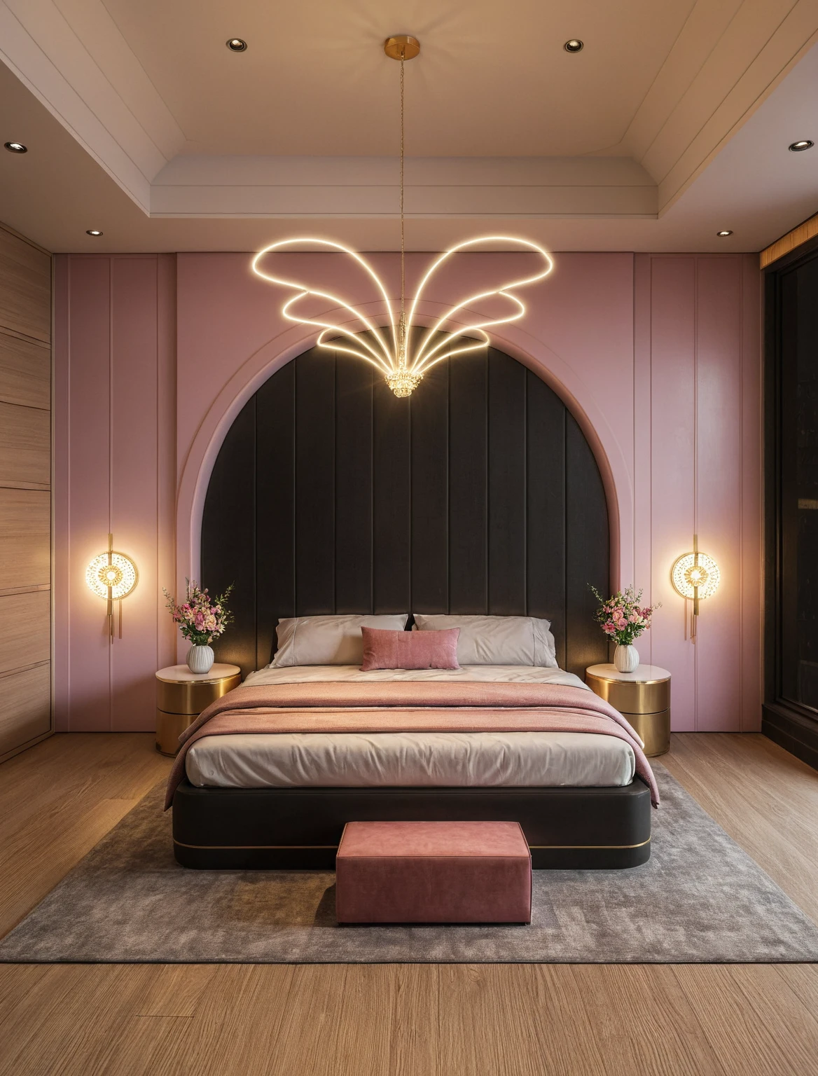 Raw photo,Masterpiece, high quality, best quality, authentic, super detail, interior, ((girl's bedroom)), ( style modern luxury), sunset, day light, bed, carpet, curves, bedside cabinets, wood floor, led, flower vase, butterfly chandelier , windows, downlight, (pink and black tones), wardrobe, glass cabinet doors, gold brace,