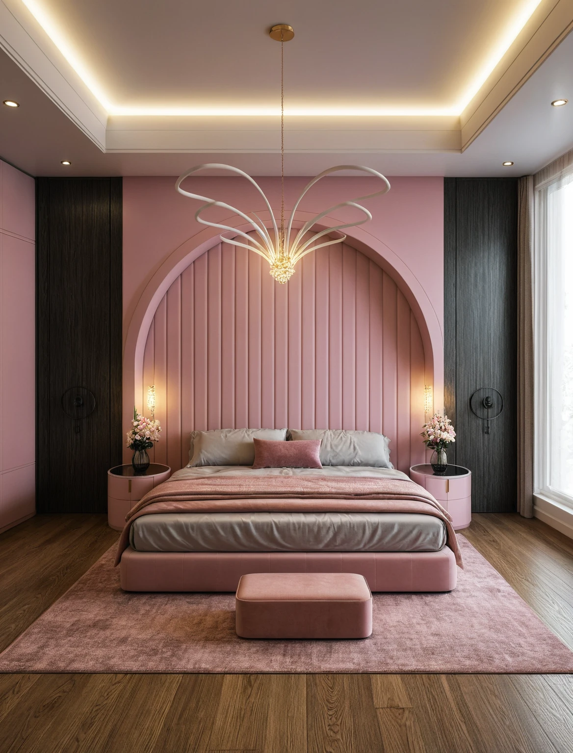 Raw photo,Masterpiece, high quality, best quality, authentic, super detail, interior, ((girl's bedroom)), ( style modern luxury), sunset, day light, bed, carpet, curves, bedside cabinets, wood floor, led, flower vase, butterfly chandelier , windows, downlight, (pink and black tones), wardrobe, glass cabinet doors, gold brace,