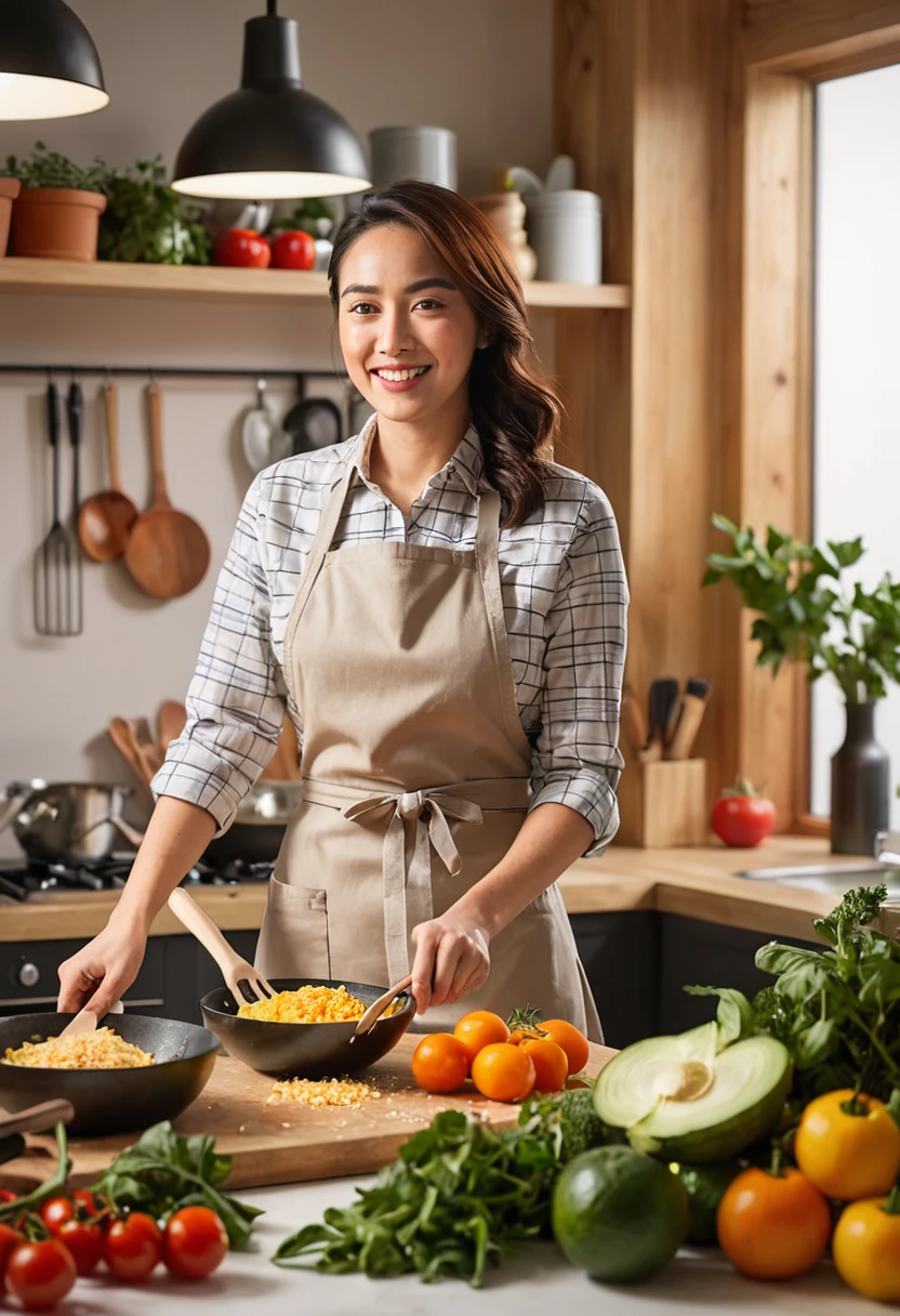 A woman wearing an apron, happily cooking in a modern studio kitchen, surrounded by fresh ingredients and kitchen utensils, with warm studio lighting enhancing the scene