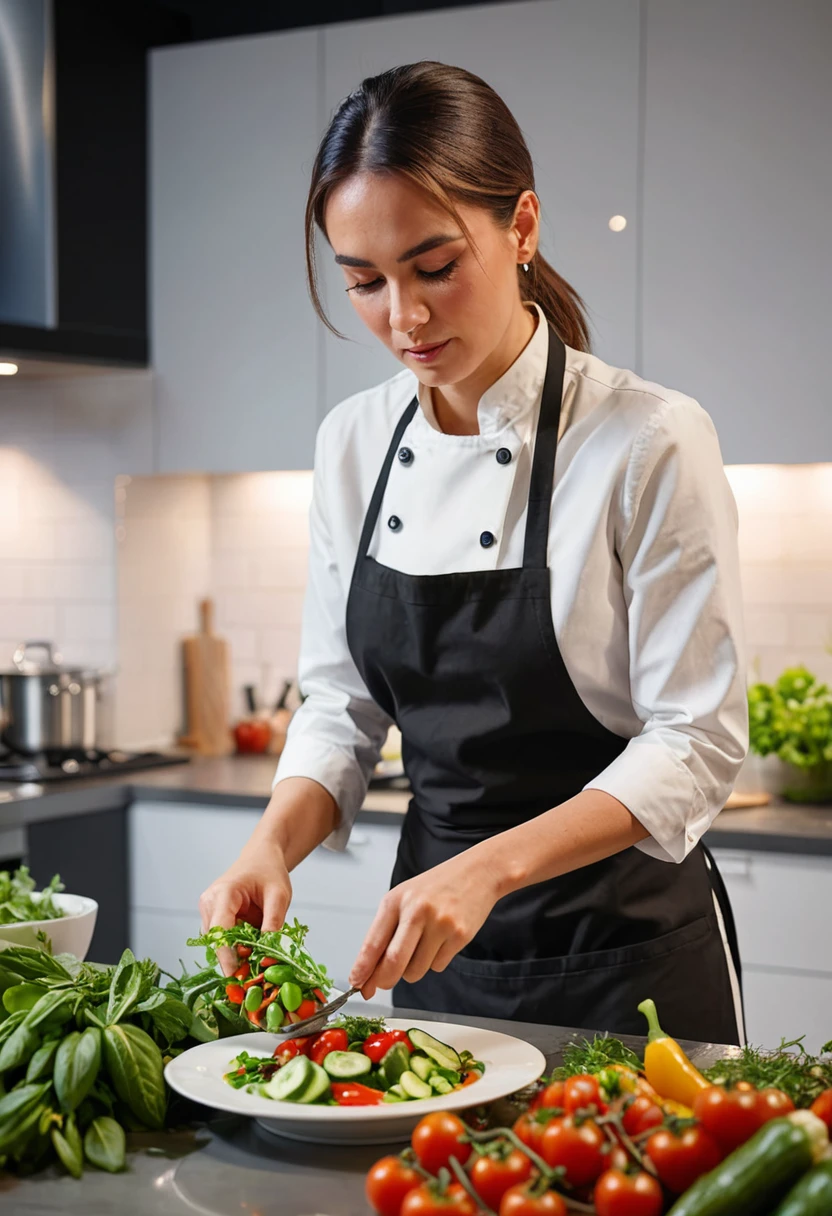 A professional cook woman in a stylish studio kitchen, carefully plating a dish on a countertop filled with fresh vegetables and herbs, under bright, even lighting