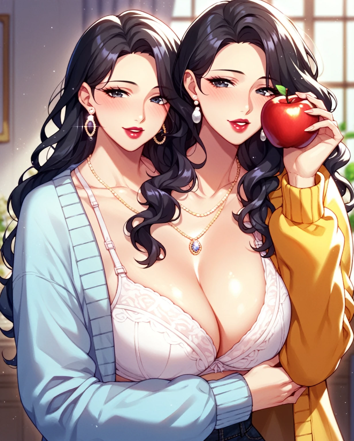 Hot sexy beautiful  milf mom eating apple seductively,big long silver chandelier  earrings,black hair,blush,black  eyes, necklace ,wavy blunt hair, lipstick,big
 breasts , jacket,bra,thongh pants