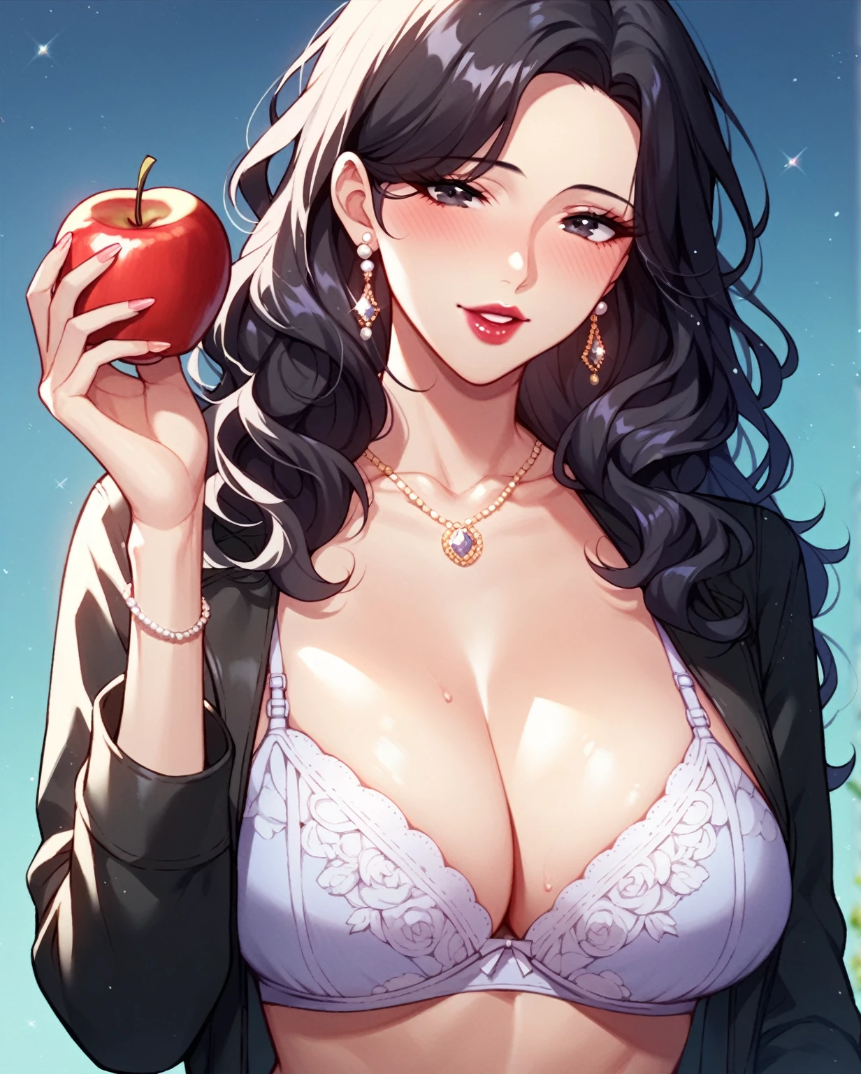 Hot sexy beautiful  milf mom eating apple seductively,big long silver chandelier  earrings,black hair,blush,black  eyes, necklace ,wavy blunt hair, lipstick,big
 breasts , jacket,bra,thongh pants